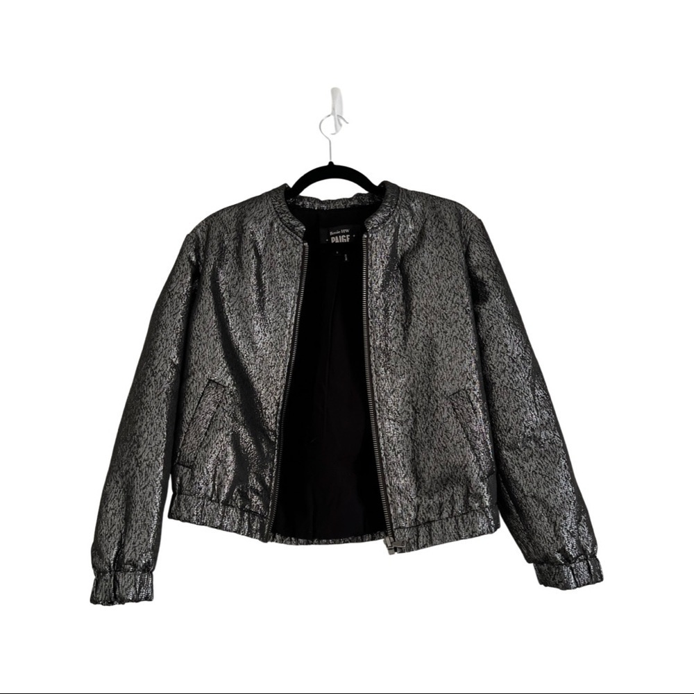 PAIGE x Rosie Huntington-Whitel Metallic Boxy Cropped Bomber Jacket Silv… - Picture 2 of 5